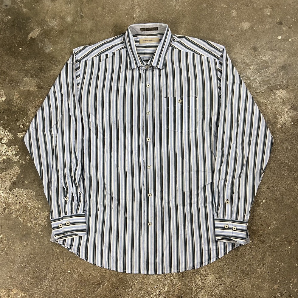 Tommy Bahama Button Down Shirt Size XL Blue Striped Long Sleeve Tropical Wear
